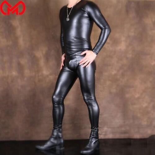 MEISE U Convex Pouch Bodysuit PU Faux Leather Sexy Tight Shaper Leotard Long Sleeve Jumpsuit Two Style Gay Wear Plus Size F96