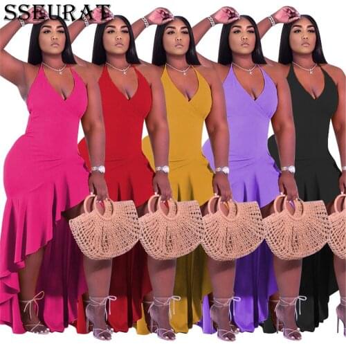 SSEURAT Women Long Dress Solid Sleeveless Strap V-neck Ruffles and Flare Maxi Dresses Sexy Vintage Outfit Summer