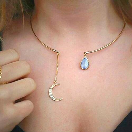 Elegant Moon Pendant Open Choker Necklace For Women Gold Waterdrop Crystal Collar Necklace Gift Bijoux Party Fashion Jewelry