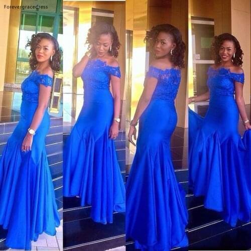 Royal Blue South African Prom Dress Mermaid Off Shoulders Lace Backless Party Gown Custom Made Plus Size
