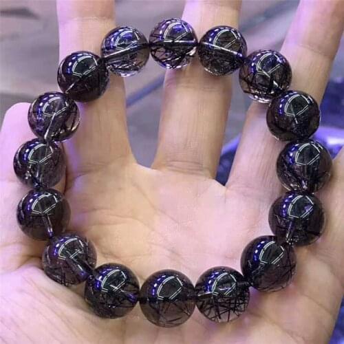 13.5mm Brazil Natural Black Rutilated Quartz Crystal Clear Big Round Beads Bracelets For Women Men