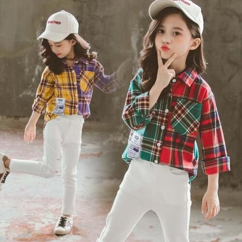 Kids Casual Blouses Spring Fall Girl Cotton Long Sleeve Color Blocking Plaid Shirts Tops Children Sweet Garments Clothing B252