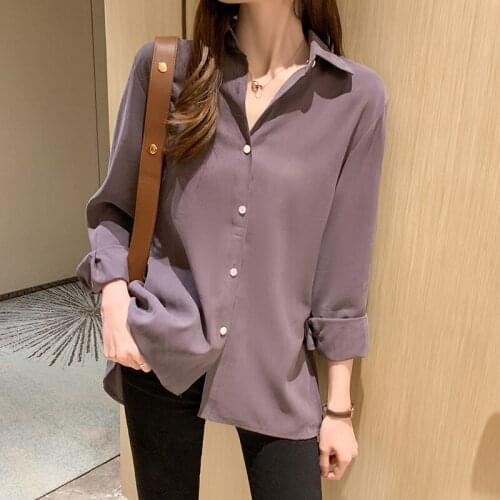 Elegant Loose Solid Button Womens Tops Blouses Chiffon Office Lady Soft Vintage Wearing 2021 Autumn Full Sleeve Female Blusas