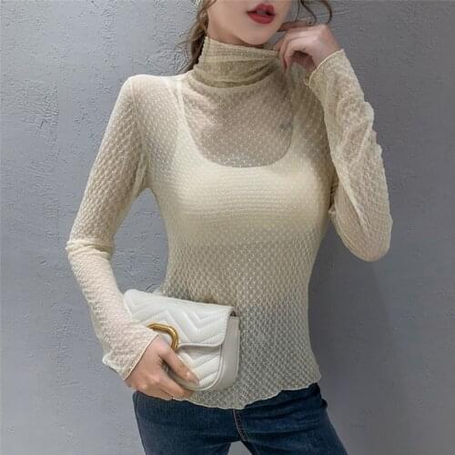 Elegant Perspective Tops For Women Fashion Sexy Turtleneck Lace T Shirt Casual Net Yarn Solid Color Tshirt