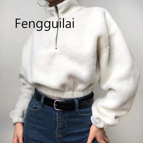 FENGGUILAI 2020 White Vintage Zipper Long Sleeve Lamb Short Sweatshirts Fashion Woman Casual Pullovers For Girl