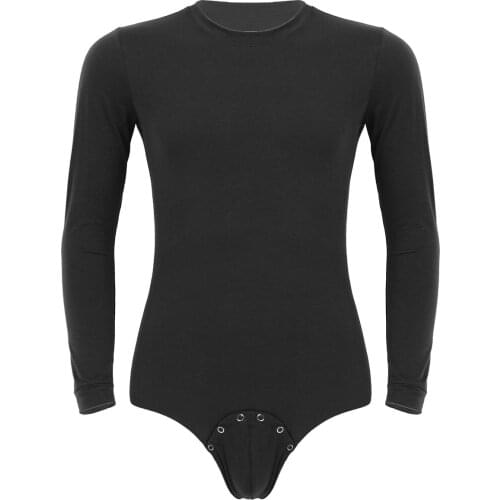 Men Adults Solid Color Bodysuit Romper Lingerie Round Neck Long Sleeves Pressed Crotch T-shirt Top Gym Sports Clothing