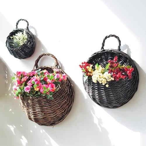 Storage Basket Rattan Straw Natural Wicker Wall Hanging Pot Storage Container Vase Wedding Wall Decor for Flower Planter Garland