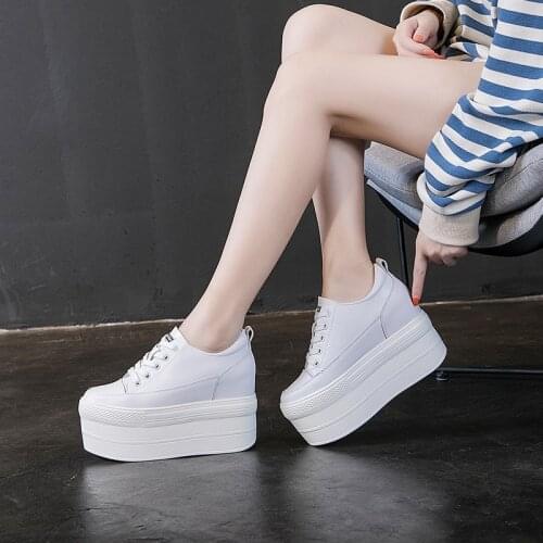 Genuine Leather 12CM High Heel Sneakers Chunky Platform White Shoes Woman Sneakers High Soles Womens Winter Sneakers Size33-39