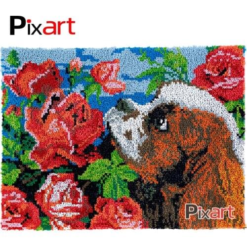 Latch Hook Rug Dog & Flowers Crocheting Tapestry Kits DIY Carpet Rug Chunky Yarn Needlework Knitted Floor Mat Hobby & Crafts