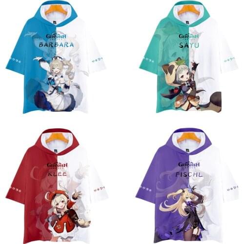 New Printing 3D Genshin Impact Hooded T-shirt Men Women Casual Tops Hip Hop Tees Boys Girls Summer Cartoon Hoodie t-shirt