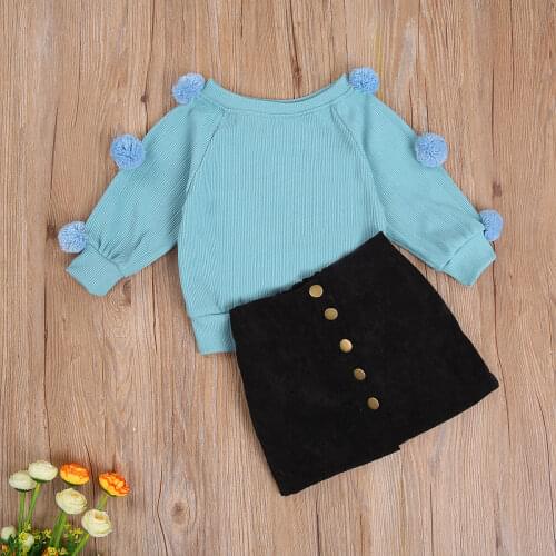 Autumn Winter Clothes Toddler Baby Girls 2pcs Outfits Hairball Knit Tops+Button Mini Skirt Warm Outfits Sets Clothes 2-7Years