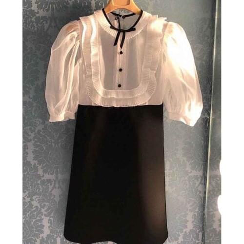 Puff Women Dresses Organza Sleeve Dress Black White Stitching Ruffle Bow Lapel Half Sleeve A-line Dress Party Dresses