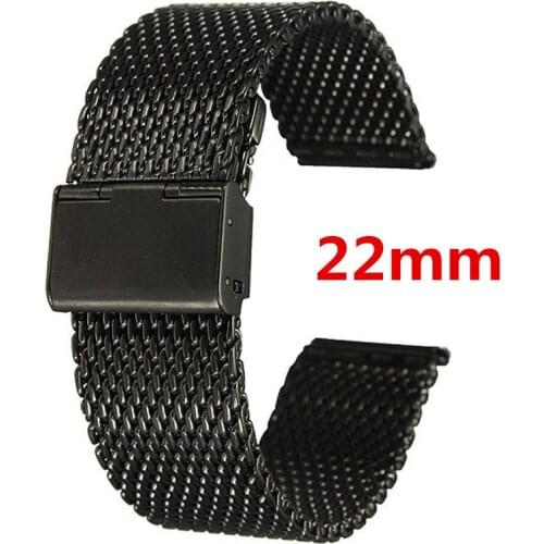 Black Mesh Stainless Steel Watchband 22MM Watch Strap For Business Smart Watches With 2 Spring Bars Hook Buckle GD014322