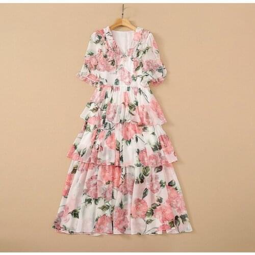 European and American womens wear for summer 2021 5 minutes of sleeve V-neck flared sleeve Fashionable pink print flouncy dress