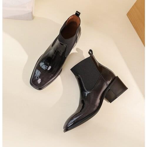 Osunlina Womans Chelsea Ankle Boots Square Toe High Heels Wine Red Purple Fashion Patent Leather Autumn Quality Shoes A075