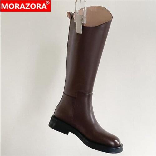 MORAZORA 2022 New Fashion Genuine Leather Boots Women Square Low Heels Western Boots Autumn Winter Knee High Boots Female Shoes