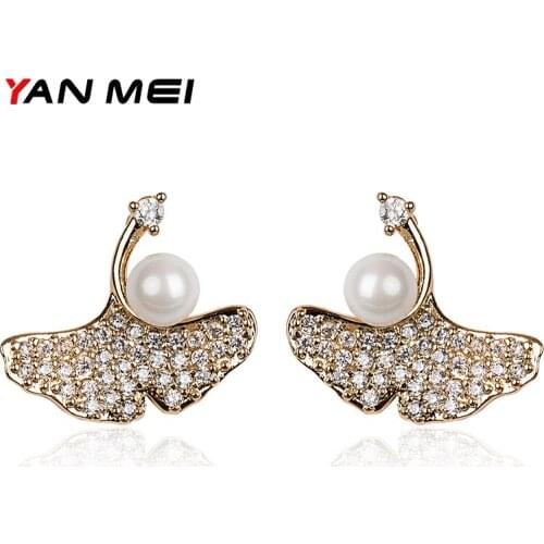 YAN MEI Women Fashion Zirconia Pearl Plant Shape Stud Earrings Weeding Party Female Earring Fashion Jewelry GLE6281Y