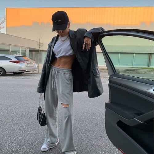Summer Harajuku Womens Sports Pants High Waist Elastic Waist Wide Leg Ripped Pants All-match Fashion Loose Casual Long Trousers