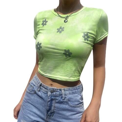 Womens Tie Dye Crop Tops Glitter Floral Sequin Short Sleeve Crew Neck Slim Fit T-Shirts