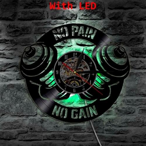 No Pain No Gain Gym Sport Vinyl Clock Wall Light Led Vintage Silhouette Record Handmade Gift Home Interior Decor Art Lamp
