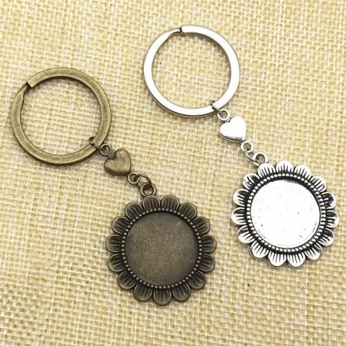 Love Sunflower Shape Cabochon Base Fit Round 20mm Dia Diy Keychain Zinc Alloy Key Rings Jewelry Finding Diy Making