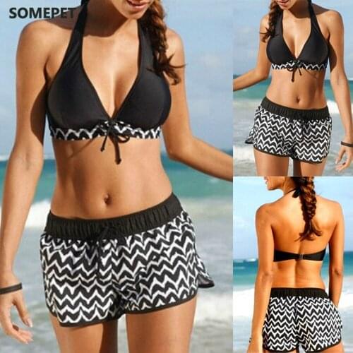 Women Tankini Sets Two Piece Bikini Sets With Surfing Short Boy Shorts Swimwear High Waist Halter Swimsuit Female