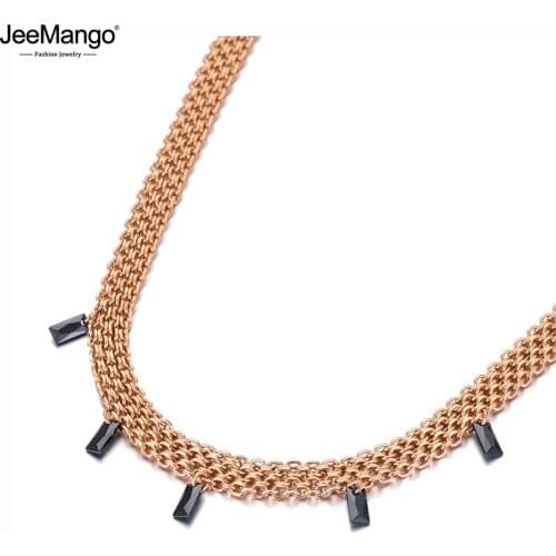 JeeMango Original Design Titanium Stainless Steel Black Crystal Charm Pendant Necklaces Trendy Choker Necklace For Women JN20122