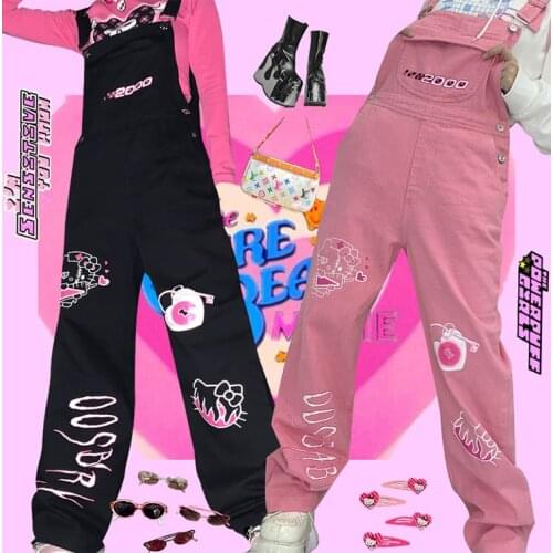 American Retro Loose-fitting Straight-leg Womens Rompers Jumpsuits Spice Girls Overalls Cartoon Print Cool Girl Street Jeans
