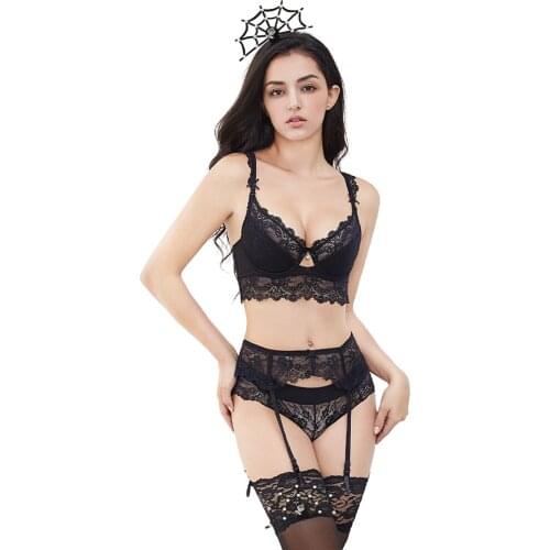 Sexy lace push up cotton cup breast bra set (bra+panty+garter belt+stockings+headwear) 5pcs/lot lingerie set CYHWR