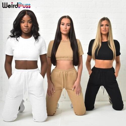 Weird Puss Casual Women Tracksuit Matching Suit Sporty Short Sleeve Crop Top+Harem Pants Thick 2 Piece Set Streetwear Outfits