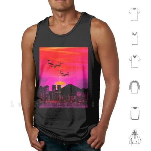 80s City Helicopters Sunset Tank Tops Vest Sleeveless Retro 80s Vaporwave 90s Laser Sunset Miami Vhs Vintage Grid