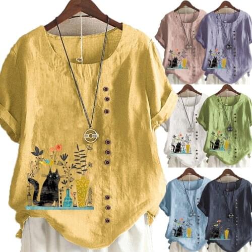 New Summer Fashion Cartoon Printed Linen T-shirt Ladies Short Sleeve O-neck Blouse Womens Loose Tops Plus Size