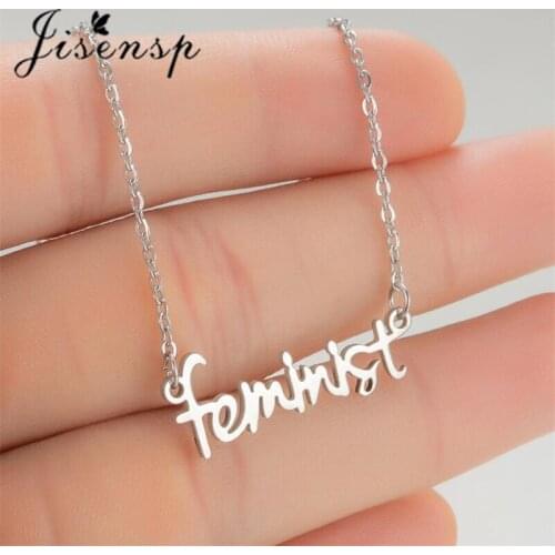 Jisensp Ethnic Fashion English Letter feminist Pendants Necklaces Long Chain Stainless Steel Necklace for Women Girls Bijoux