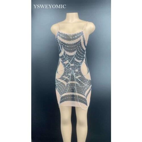 Sexy Sleeveless dress Silver Rhinestones Transparent Chain Short Dress Bar Birthday Celebrate Outfit Prom Women Dance Mesh Dress