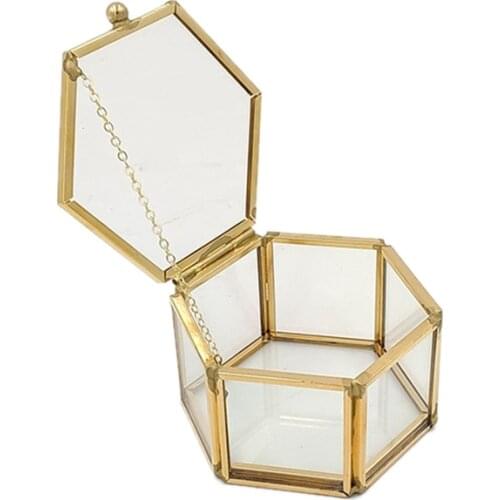 Hexagon Transparent Glass Ring Box Wedding Ring Box Geometric Clear Glass Jewelry Box Jewelry Organizer Holder Tabletop Containe