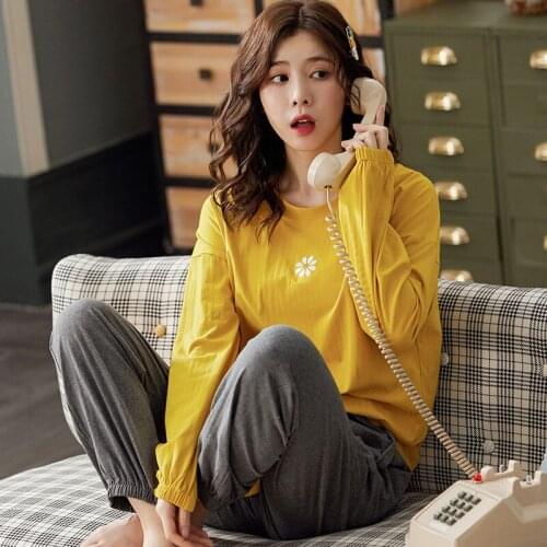 Womens Pajamas Spring and Autumn Cotton Long-Sleeve Trousers Sleepwear Round Neck Pullover Loose Casual Homewear for Female