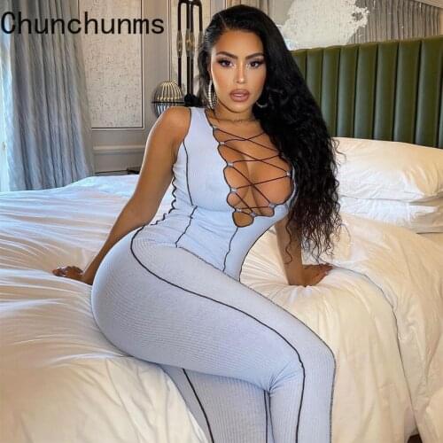 2021 Summer New Ribbed White Jumpsuit Sexy Criss Cross V-Neck Sleeveless Slim Sports Rompers Fashion Women Club Clothing