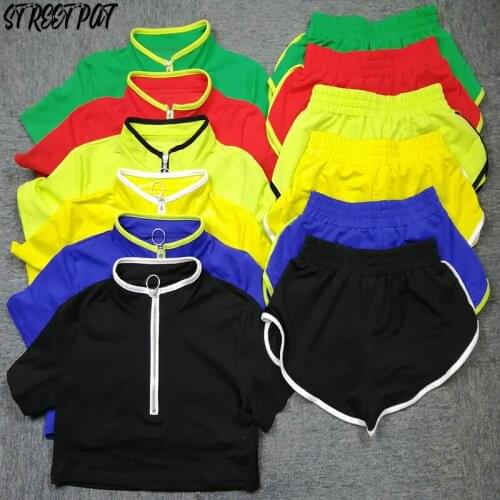 Plus Size Sport Casual Two Piece Set Women Summer Zipper V-Neck Crop Top + Biker Shorts Set Tracksuit Vacation Outfits 2021