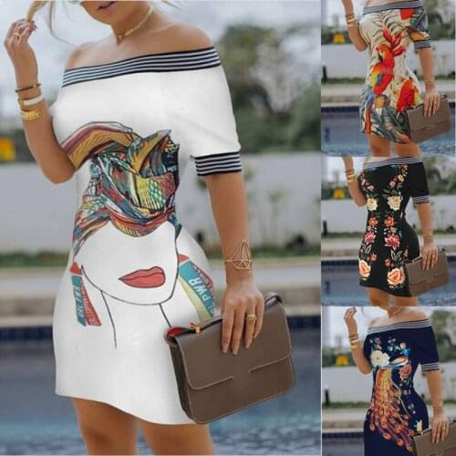 Women Flare Sleeve Off Shoulder Bodycon Dress Print