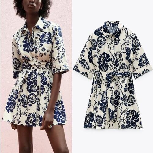 Summer Floral Print Dresses Women Za 2021 Vintage Lapel Short Sleeve Shirt Dress Fashion Office Button Up Bow Belt Ladies Dress