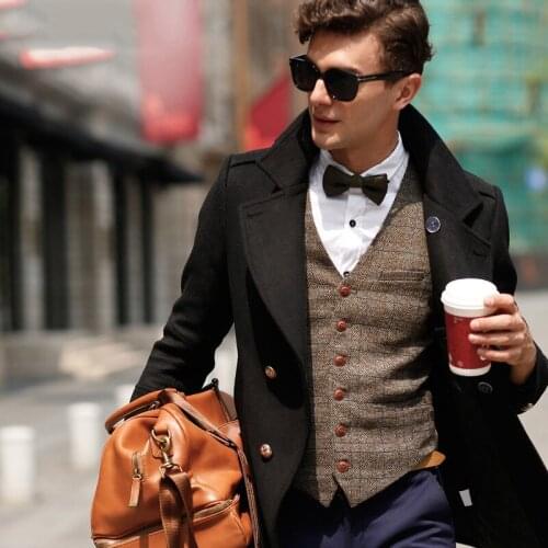 Brown Check Tweed Waistcoat MenS Vest Casual Suit Vest V-neck Collarless Wool Herringbone Waistcoat for Wedding Groomsmen