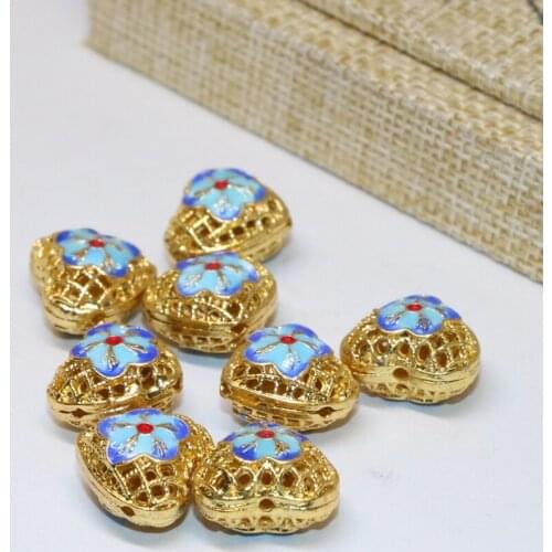 5pcs high quality hollow gold-color heart shape carved flower cloisonne accessories spacers beads 13*15mm diy findings B2452