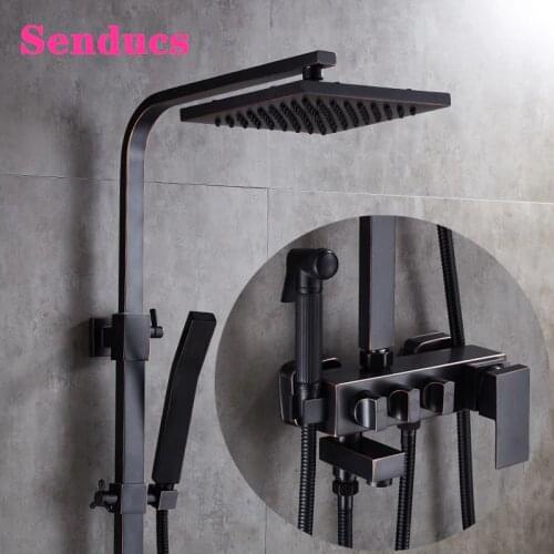 Black Bronze Bathroom Shower Set Four Function Hot Cold Bathtub Mixer Tap Stainless Steel Square Shower Head Hot Cold Shower Set