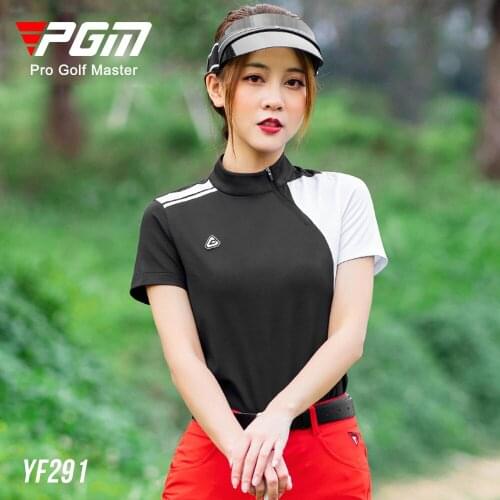 PGM Summer Women Asymmetric Black And White Stitching Golf T-shirt Ladies Short Sleeve Quick Dry Zipper Stand Collar Shirts