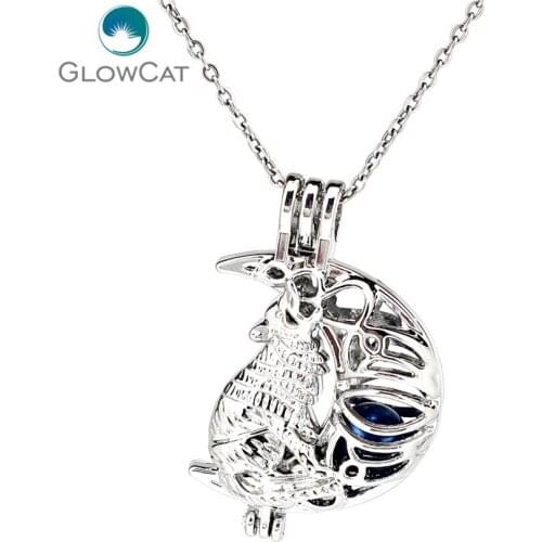 K1165 Silver Alloy Wolf Moon Pearl Cage Pendant Chain Aroma Essential Oil Diffuser Locket Necklace