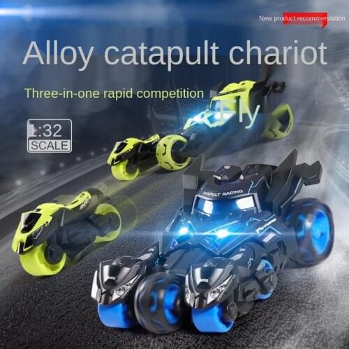 Three-in-one Catapult Chariot Alloy Toy Car Inertial Sliding Light Sound Effect Pull Back Motorcycle Car Model Childrens Toy