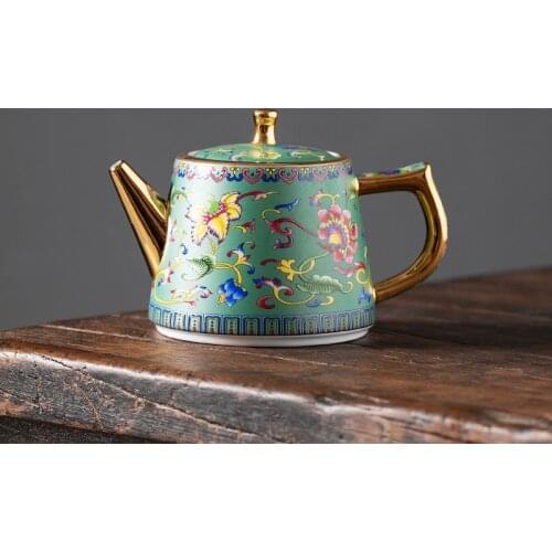 Ceramic Office Tea Pot with Gold Handle Household Enamel Color Filter Teapot Simple Large Capacity Kettle Chinese Teaware Teaset