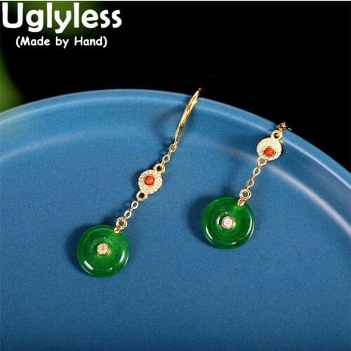 Uglyless China Chic PING AN Button Necklaces for Women Natural Jade Gemstones Pendants NO Chains Real 925 Silver Necklaces P906
