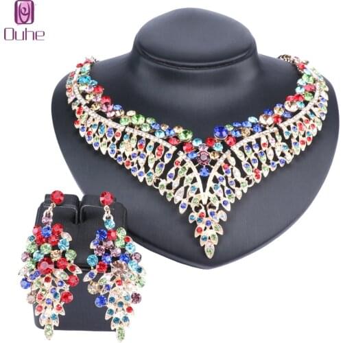 Women Bridal Necklace Earrings Set With Full Rhinestones Crystal Fashion Wedding Party Jewelry Sets 6 Colors