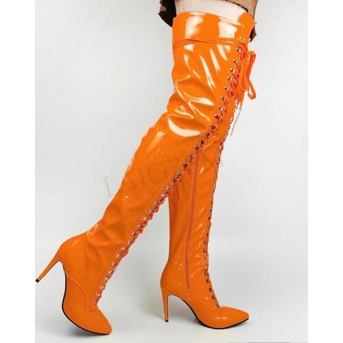 LAIGZEM Women Thigh High Boots Shiny Wide Calf Friendly Lace Up Side Zip Stiletto Heels Over Knee Botines Mujer Big Size 44 47